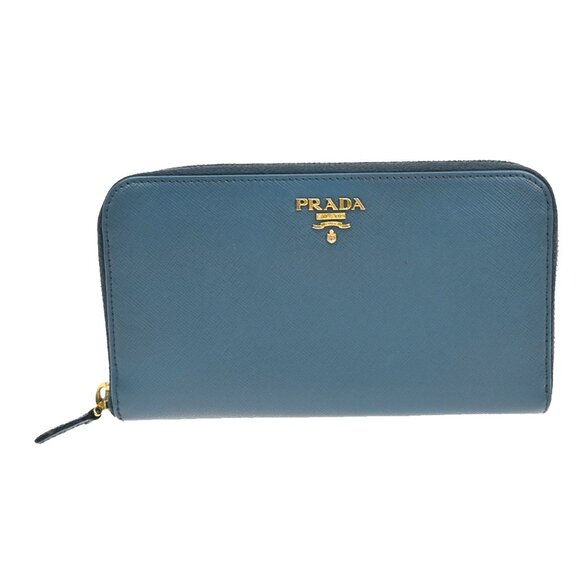 PRADA Logo Saffiano Long Zipper Around Wallet Leather Blue GHW Italy 30KA915 - Picture 1 of 16